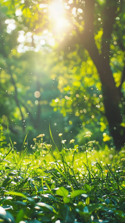 Vibrant, verdant foliage is illuminated by warm, golden sunbeams filtering through the trees, creating a breathtaking natural sceneの素材