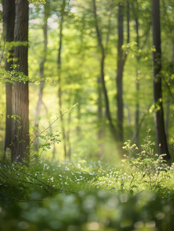 A winding forest path disappearing into a hazy, misty atmosphere, with sunlight filtering through the verdant canopy and casting a mystical, otherworldly glow on the woodland sceneの素材