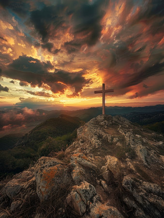 A cross stands resolute on craggy rocks as the sunset paints the sky in a palette of fiery colors, creating a moment of divine inspirationの素材