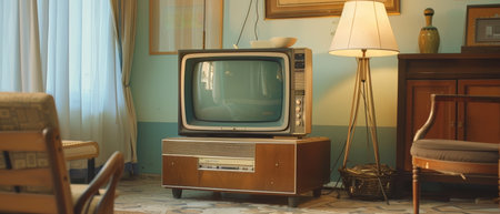 A nostalgic corner with an old-fashioned television displaying a green screen, surrounded by vintage interior decor and a sense of warmth and comfortの素材