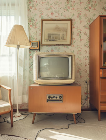 The classic television in this pastel-themed room evokes a sense of nostalgia, perfectly complemented by the vintage wallpaper and elegant decorの素材