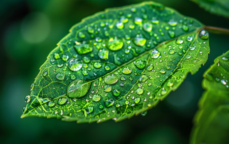 A captivating image showing the intricate patterns and textures of a dense, verdant plant canopy covered in glistening water dropletsの素材