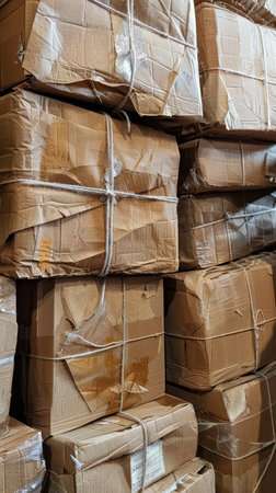 Neatly tied stacks of cardboard boxes against a dark warehouse background, representing organized storage and packagingの素材