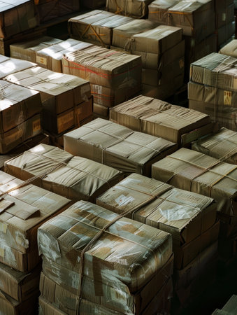 Sunlight filters through a warehouse window, casting a glow on neatly stacked piles of cardboard boxes ready for distributionの素材
