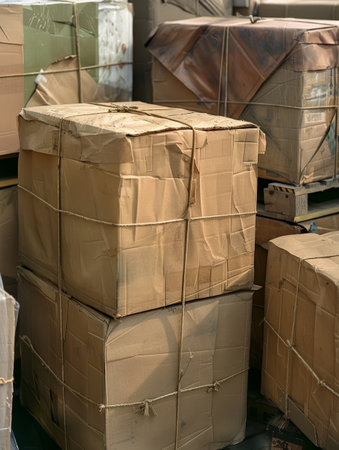 Piles of cardboard boxes with visible signs of wear are stored in the corner of a dimly lit warehouse, implying long-term storageの素材