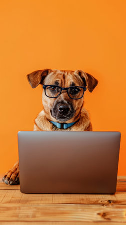 A brown and black dog with a serious gaze, sporting glasses in front of a laptop, against an orange backdropの素材