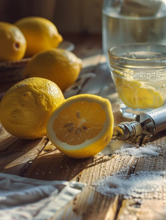 A close-up view of a juicing tool being used to extract the tangy, vibrant juice from a freshly halved lemon on a rustic wooden surfaceの素材