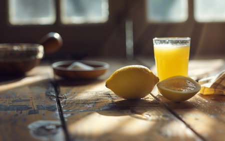 A glass filled with refreshing lemon juice, garnished with a lemon slice and sugar crystals on the rim, set against a rustic wooden surfaceの素材