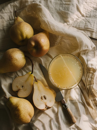 Rustically styled glass of pear juice accompanied by whole and sliced pears, captured in warm natural light on a textured fabricの素材