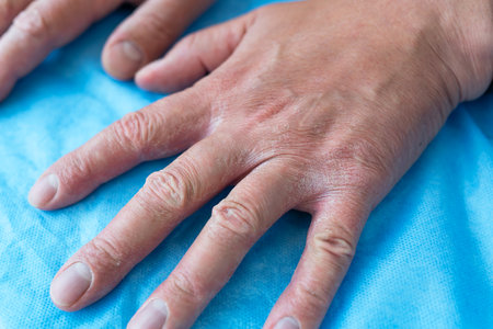 Treatment of dermatitis and psoriasis. Close-up of hands with very poor skin condition, cracked skin on handsの写真素材