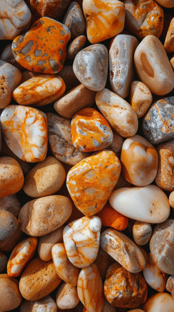An engaging mosaic of naturally patterned orange and gray stones creates a strikingly textured surfaceの素材