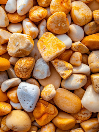 A captivating display of irregularly shaped stones in various shades of orange, amber, and cream, showing the intricate beauty and textural diversity of natural geological formationsの素材