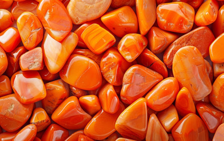 A collection of polished carnelian gemstones in a stunning array of warm orange, reddish-brown, and golden hues, creating a visually captivating and textural displayの素材