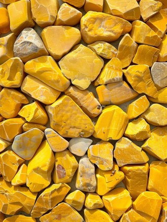 A heap of smooth, glossy yellow pebbles, their surfaces reflecting the light and creating a harmonious, visually captivating natural arrangementの素材
