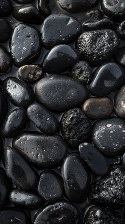 A collection of smooth, glossy black volcanic rocks, some with a wet, reflective surface that creates a mesmerizing, almost mirror-like effectの素材