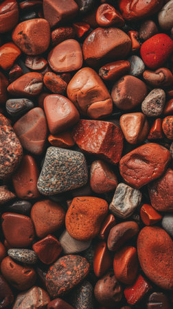 A captivating mosaic of polished jasper stones in a variety of rich, crimson tones, their intricate patterns and textures creating a visually striking, natural compositionの素材