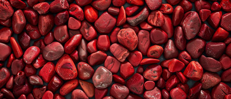 A captivating arrangement of various-sized and shaped jasper stones in rich, vibrant shades of red, presenting a striking natural display of earth's colors and texturesの素材