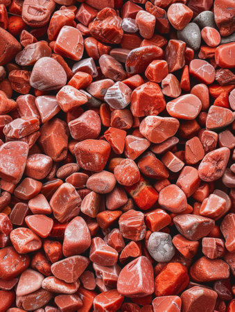 A captivating collection of vibrant crimson and orange rocks, each with its own unique character and geological features, creating a visually striking and earthy displayの素材