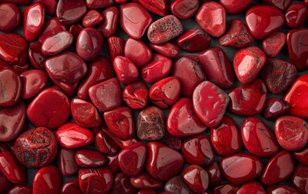 A captivating collection of polished and natural red jasper stones in various shades, shapes, and sizes, creating an alluring and vibrant visual tapestryの素材