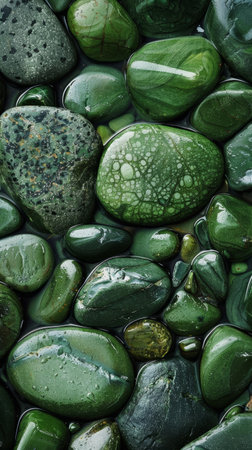 A captivating arrangement of smooth, polished jade-hued pebbles, highlighting the soothing, earthy tones and mesmerizing textures of these natural geological formationsの素材
