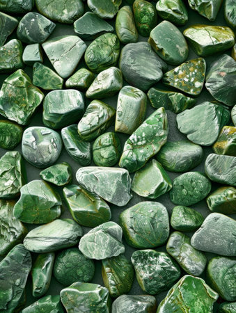 A striking collection of irregularly-shaped, polished jade fragments in a rich, vivid green hue, showing the natural beauty and variations of this precious stoneの素材