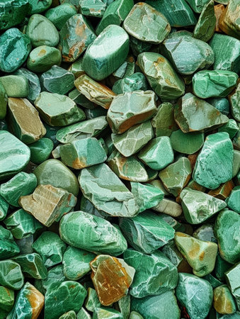 An assortment of smooth, multifaceted green stones in a variety of shades, shapes and sizes, creating a captivating natural tableauの素材