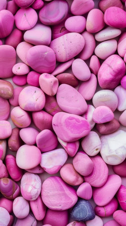 A beautiful display of smooth, polished rose quartz pebbles in a range of delicate pink hues, creating a soothing natural arrangementの素材