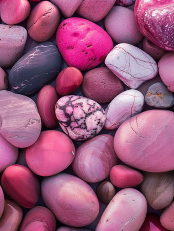 A dazzling assortment of smooth, multihued pink stones in an array of enthralling shapes and patterns, forming a captivating natural compositionの素材