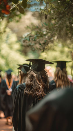 Back view of a contemplative graduate wearing a cap and gown, set against a lush natural backdrop, symbolizing hope and the futureの素材