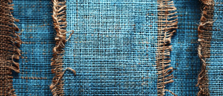 Close-up of a blue striped burlap fabric showing rugged texture and frayed edges, suitable for texture-focused imageryの素材