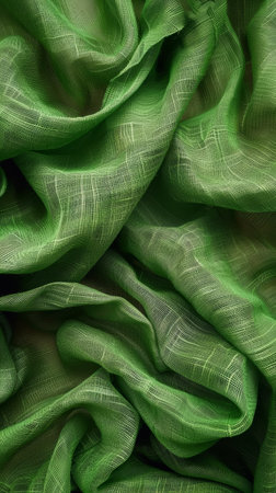 Dynamic waves of emerald green fabric with a delicate weave, perfect for fashion and texture representationの素材