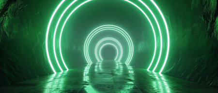 A dazzling vortex of glowing green neon rings recedes into the distance, creating an illusion of depth and drawing the viewer's eye into a hypnotic, mesmerizing spaceの素材