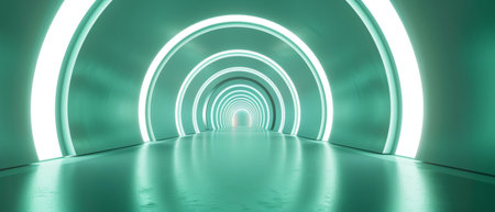 A captivating neon-lit tunnel with concentric circles of luminous blue and pink light, creating an otherworldly and immersive atmosphereの素材