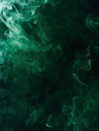 Delicate green wisps of smoke dance against a pitch-black backdrop, evoking a sense of serene movementの素材