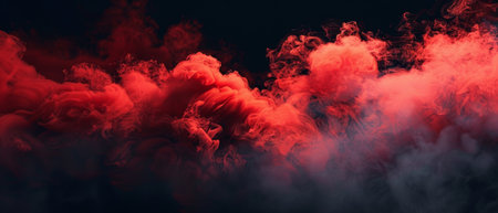Panoramic view of an explosive red smoke formation stretching across a black void, perfect for wide format useの素材