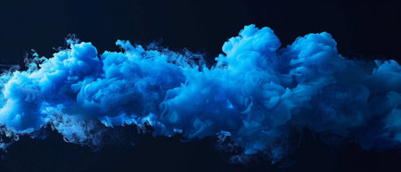 A panoramic image capturing the sweeping elegance of sapphire smoke across a black expanseの素材