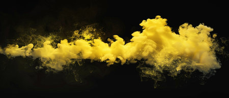Panoramic image of an amber smoke explosion against a dark void, perfect for wide format display and abstract designの素材