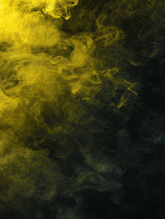 A dynamic and abstract background with swirling yellow smoke patterns over a dark backdrop, ideal for creative designsの素材