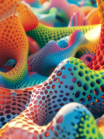 Close-up view of a digitally created ecosystem with a textured surface, vibrant colors, and organic dot patternsの素材