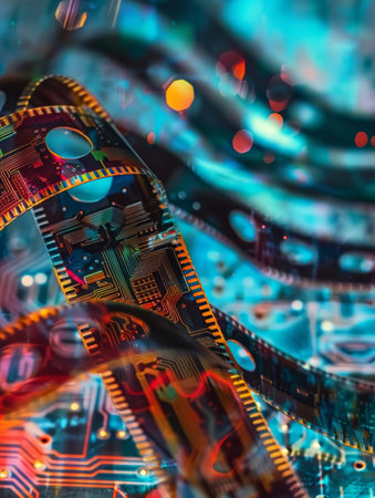 A dynamic abstract view of a transparent film reel cascading over a background of tech circuits and neon bokehの素材