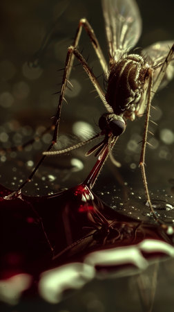 High-definition macro image of a mosquito with translucent wings resting on a reflective surfaceの素材