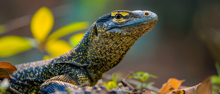 Close-up portrait of a vibrant lizard, its yellow ringed eyes and richly textured scales highlighted against a soft green backgroundの素材