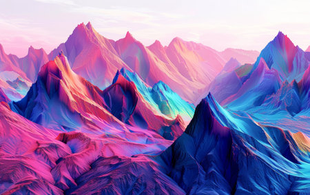 Panoramic digital landscape showcasing abstract mountain shapes with sharp ridges in a spectrum of pink and blue huesの素材