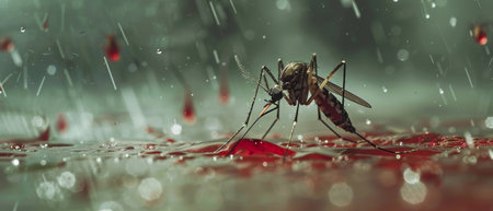 A mosquito navigating a moist surface, surrounded by raindrops and reflected colorsの素材