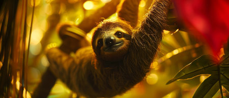 A sloth revels in the radiant warmth, as golden light filters through the dense jungle canopy aboveの素材