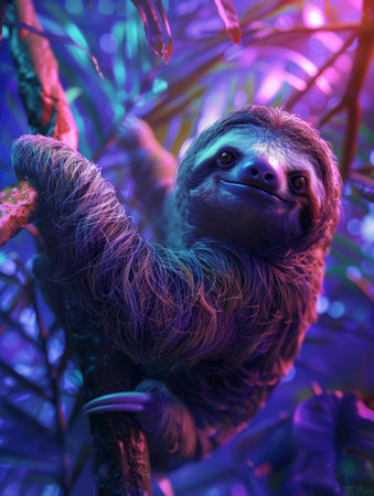 A sloth basks in the tranquil ambiance of a sunlit canopy, surrounded by the lush vibrance of the forestの素材
