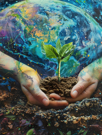 Hands envelope a colorful representation of Earth, gently holding a seedling of hope against a vividly painted cosmic canvasの素材