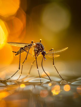 A mosquito's silhouette stands out against a backdrop of golden sunlight, with its delicate features accented by the lightの素材