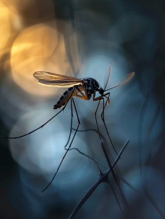 In the twilight hues, a mosquito clings to a twig, presenting a serene composition with a muted backgroundの素材