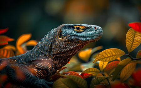 A blue lizard with a red eye detail stands out amidst the leaves, a striking example of wildlife adaptabilityの素材